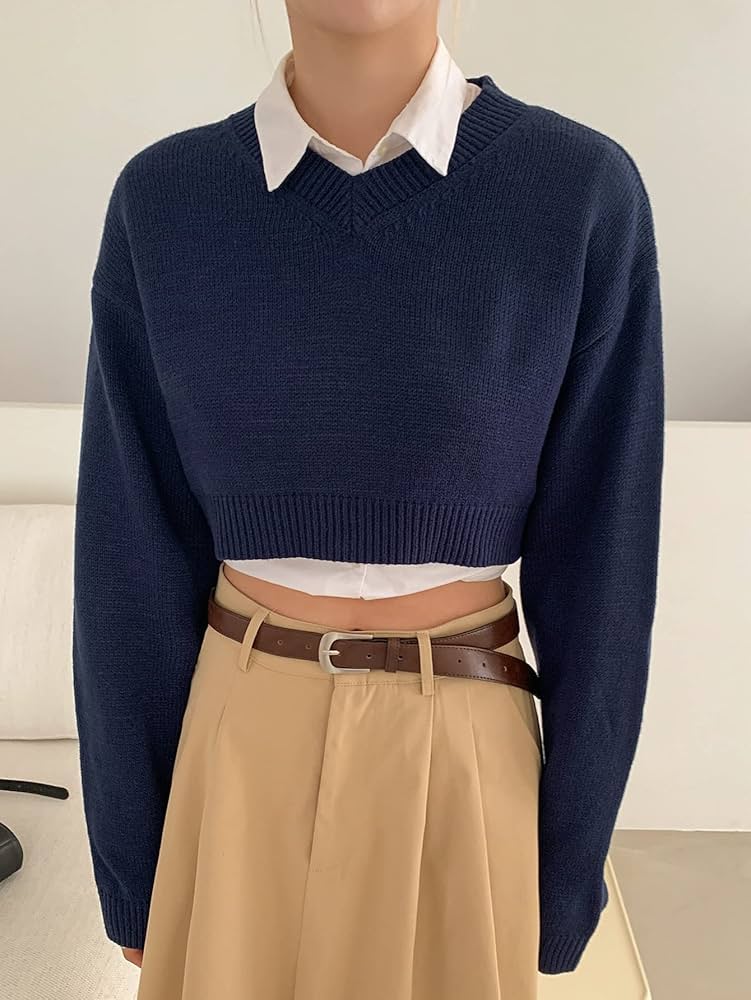 Amazon.com: Drop Shoulder Ribbed Knit Crop Sweater Without